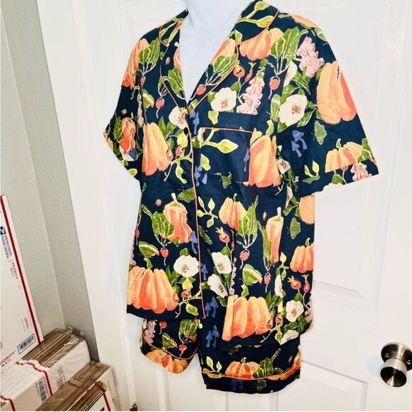 THEIR NIBS Fall Thanksgiving Pumpkin Patch Dreams Pajama Short Set Navy M NWT - Picture 6 of 12